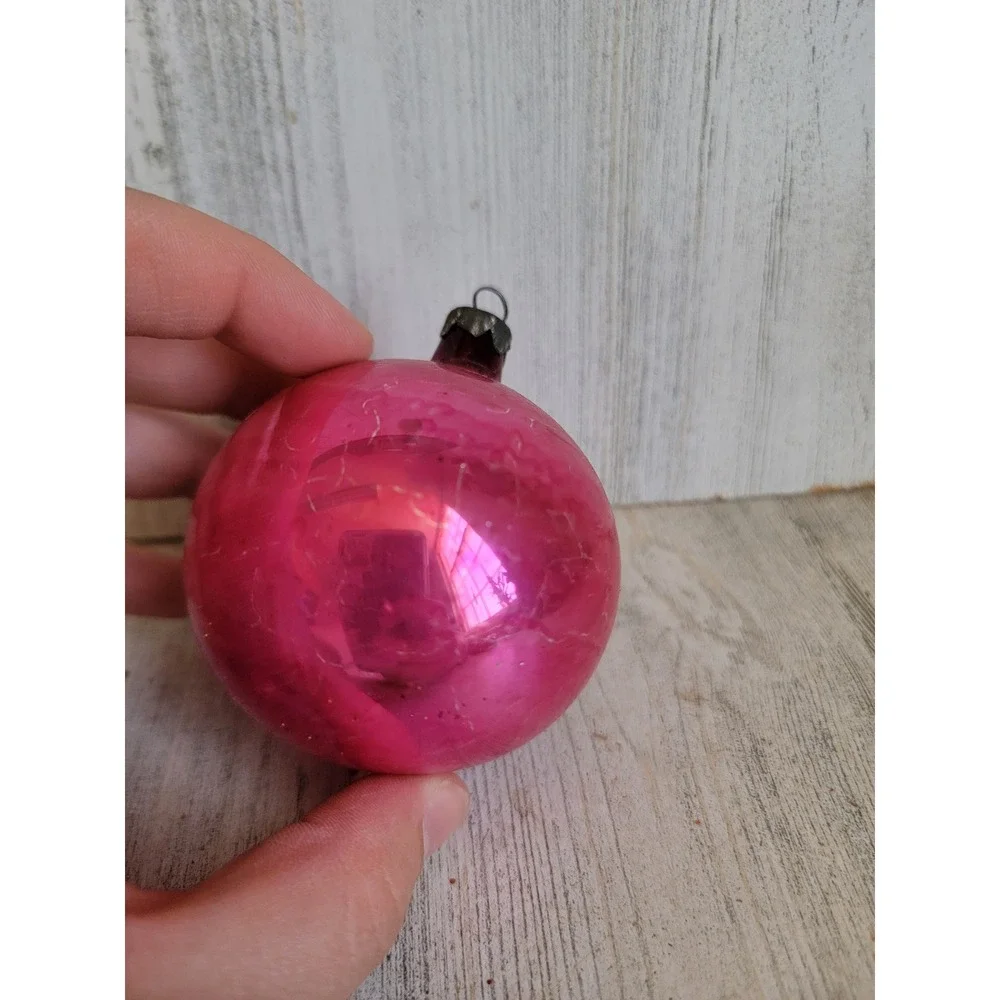 Vintage reflective indent pink daisy flower glass ball ornament Xmas unique